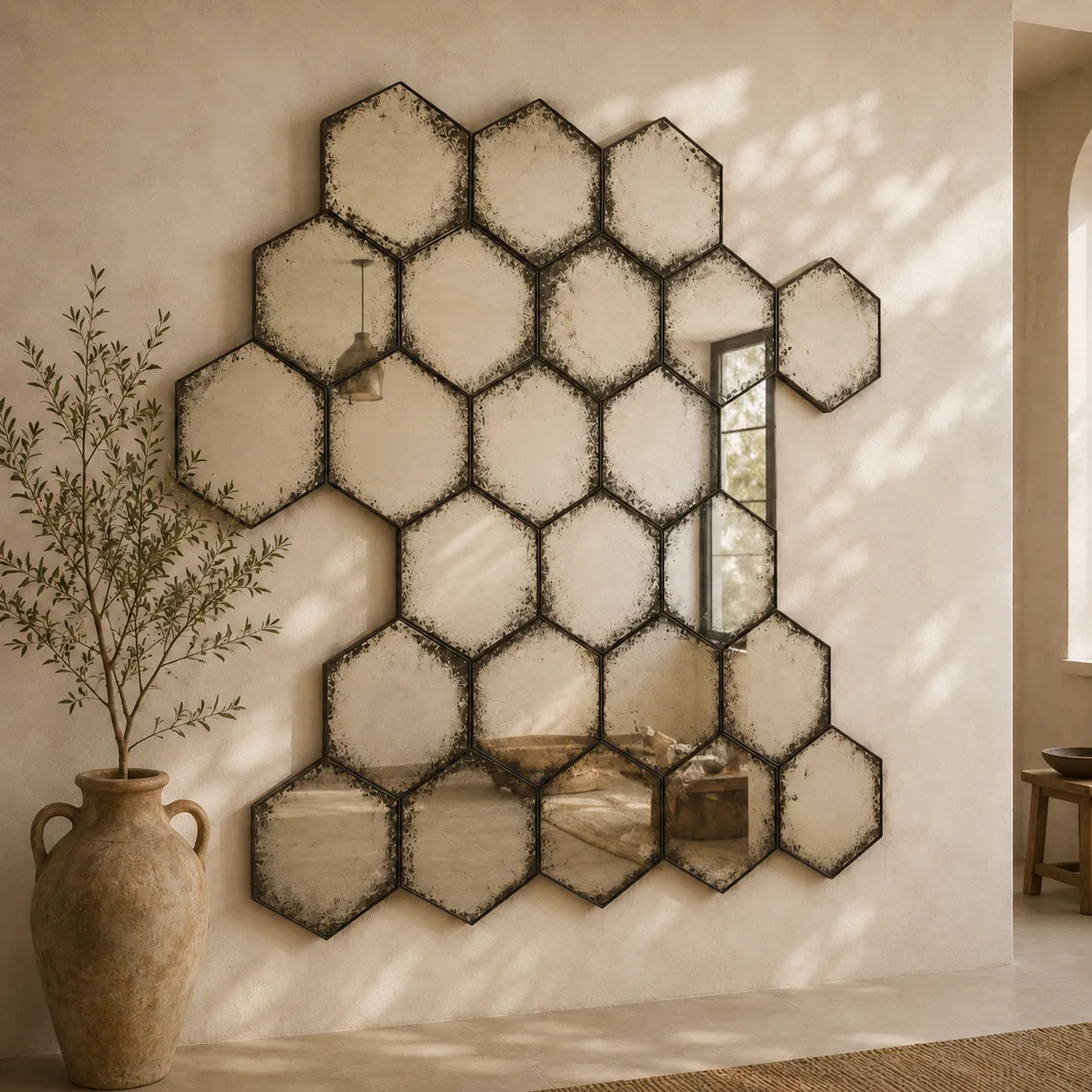 Escultura mural de espejos hexagonales envejecidos