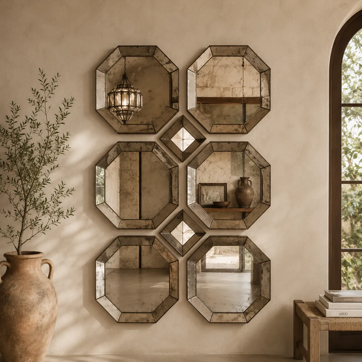 Composición mural de espejos octagonales envejecidos