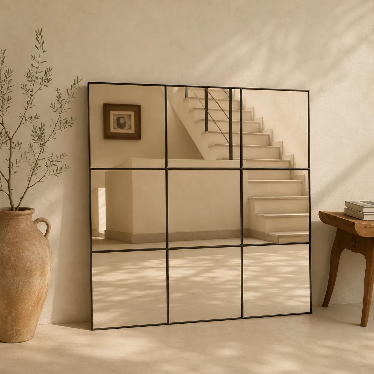 Espejo modular minimalista con divisiones de metal negro